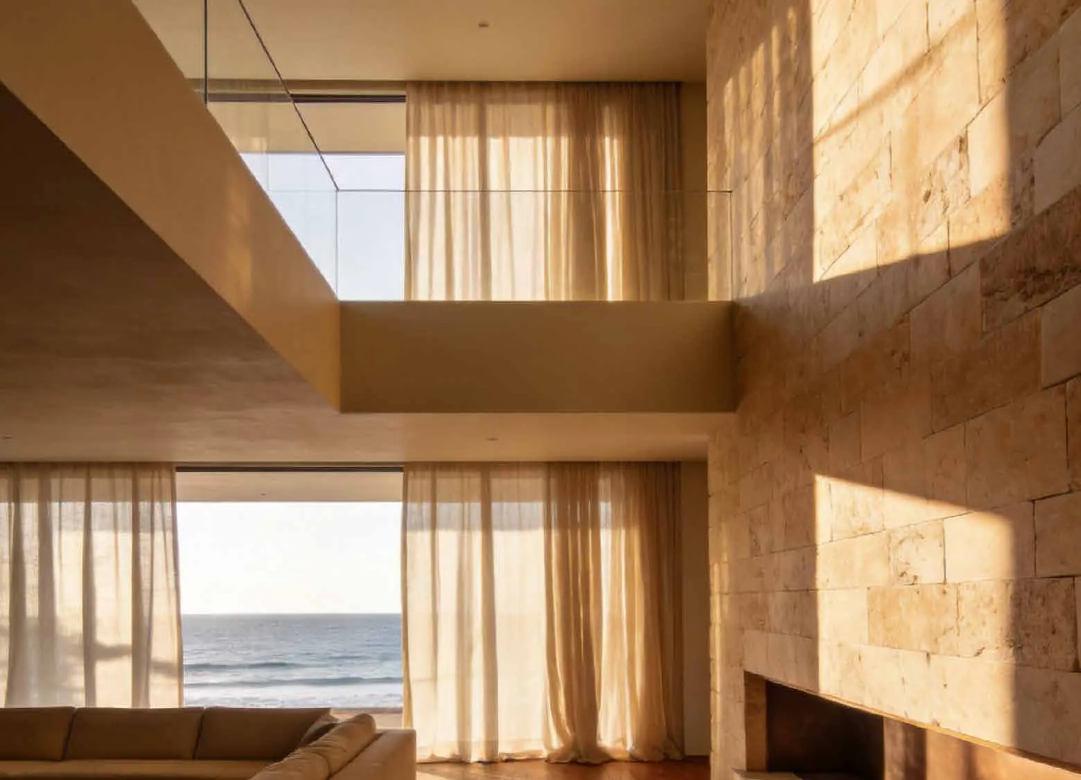 Coastal residence interior with sintered stone walls