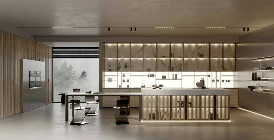 Slatted kitchen with integrated lighting